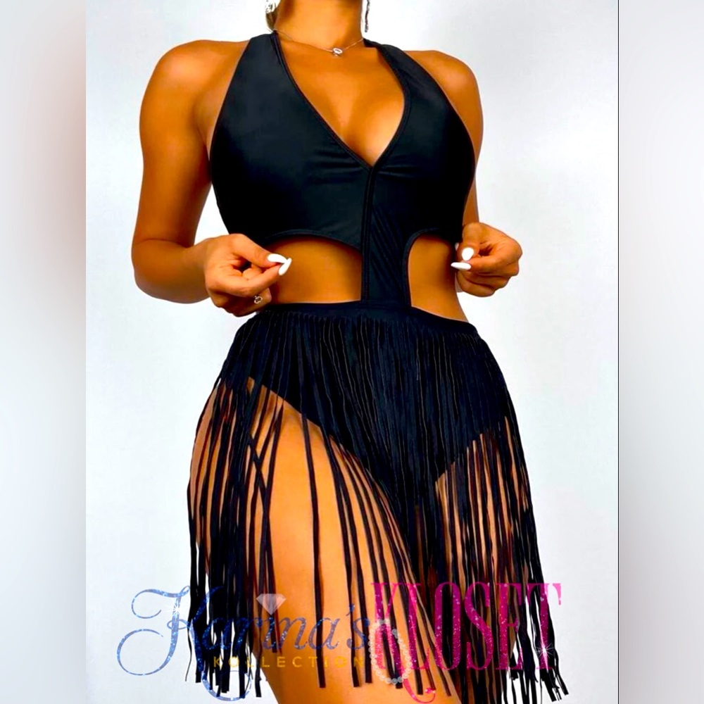 Shake A Tail Feather All Black One-piece Swimsuit, Tassel Swimsuit, Fringe 🎀
